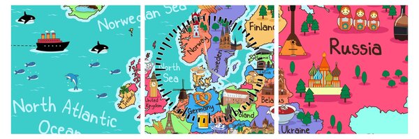 Obraz - Detská mapa Európy (s hodinami) (90x30 cm)