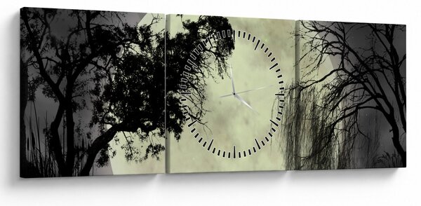 Obraz - Spln nad hladinou, čiernobiely variant (s hodinami) (90x30 cm)