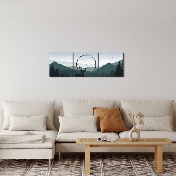 Obraz - Jeleň s vlkom v skalách (s hodinami) (90x30 cm)