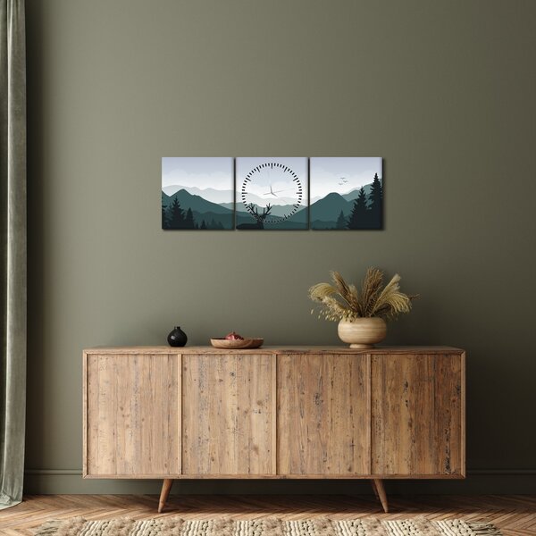 Obraz - Jeleň s vlkom v skalách (s hodinami) (90x30 cm)