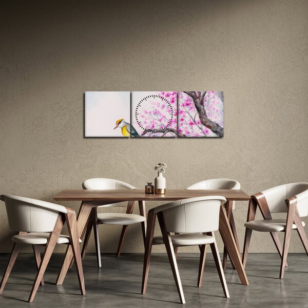 Obraz - Vtáčik na strome s ružovými kvetmi (s hodinami) (90x30 cm)