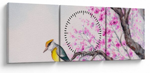 Obraz - Vtáčik na strome s ružovými kvetmi (s hodinami) (90x30 cm)