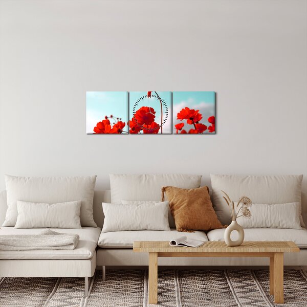 Obraz poľa s jasne červenými kvetmi (s hodinami) (90x30 cm)
