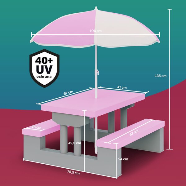 Detská sedacia zostava so slnečníkom JASMIN, 67x78,5x42,5cm, ružová/šedá Spielwerk