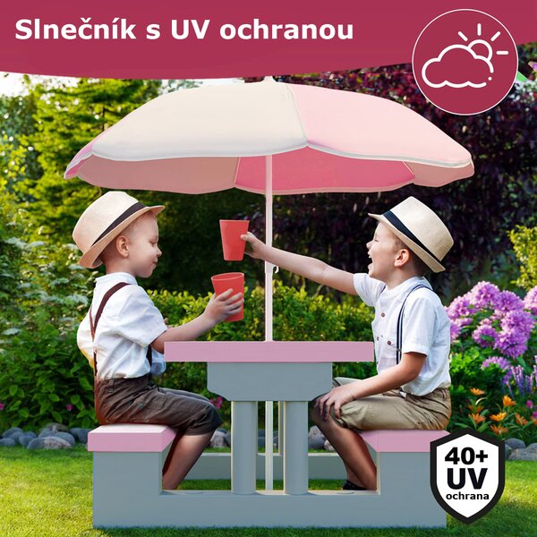 Detská sedacia zostava so slnečníkom JASMIN, 67x78,5x42,5cm, ružová/šedá Spielwerk
