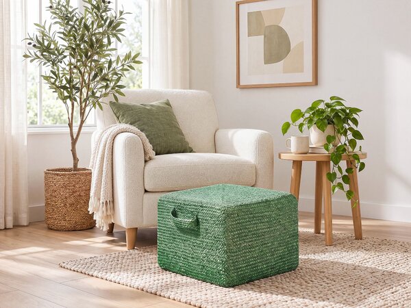 Taburetka zelená juta 45 x 45 x 30 cm obdĺžnikový tvar s rúčkami podnožka puf moderný boho štýl obývačka spálňa