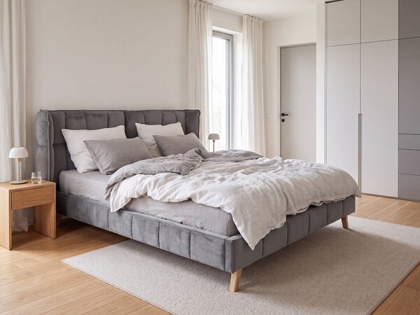 Posteľ sivá zamatové čalúnenie 160 x 200 cm prešívaná nohy zo svetlého dreva lamelový rošt nastaviteľné čelo moderný štýl spálňa