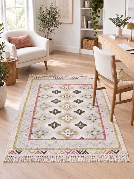 Koberec viacfarebný jutový 140 x 200 cm obdĺžnikový so strapcami ručne tkaný boho štýl obývacia izba spálňa