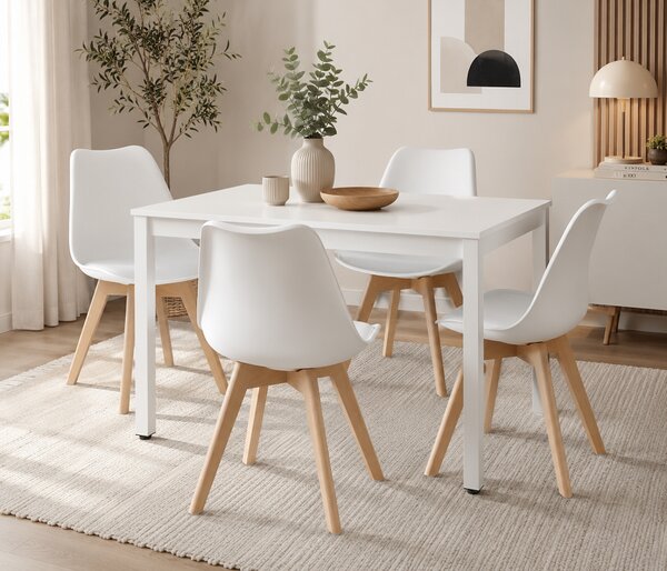 Jedálenský set: TESSA 120×60 cm biely/biely + 4 ks OSLO stoličky biele/prírodné nohy
