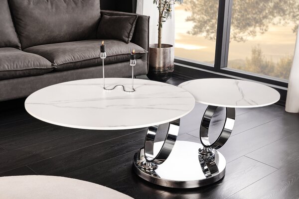 DANCING RINGS Konferenčný stolík z keramiky, biely mramorový efekt, 80-135cm