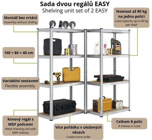 Kovový regál Easy 2 ks 160x80x40 cm, 4 police, nosnosť 640kg