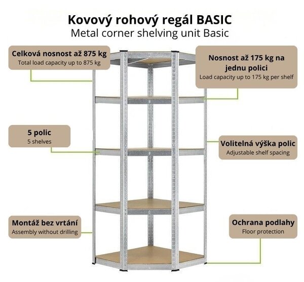 Kovový rohový regál 180x70x40-70 cm, 5 políc, nosnosť 875 kg