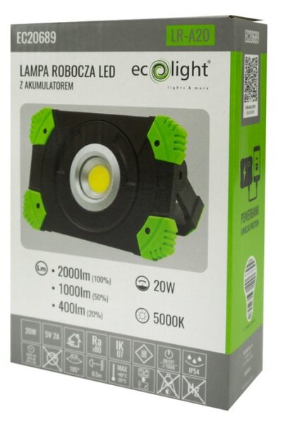 Halogénový LED reflektor, nabíjateľný, 20W, 5000K, prenosný + kábel