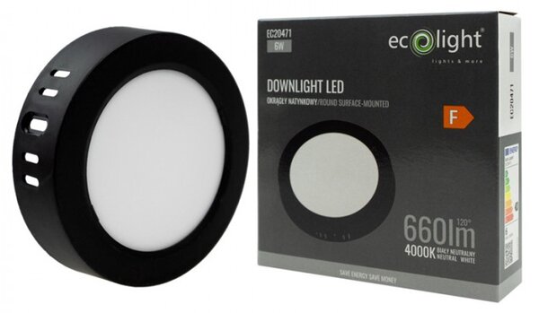 LED stropné svietidlo na stenu, okrúhle, 6W, 660lm, čierne, 4000K