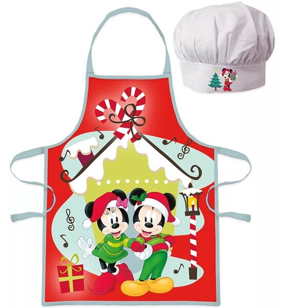 Vianočná zástera s kuchárskou čiapkou Mickey & Minnie Mouse - 2 diely - pre deti 3 - 8 rokov