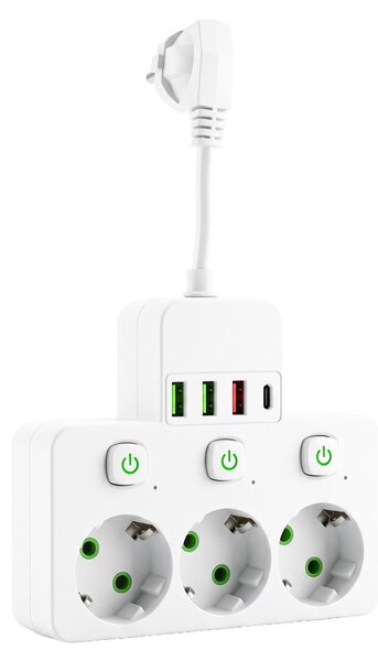 Toolight Toolight, JNH018, zásuvkový rozbočovač 3 zásuvky + 3× USB-A + USB-C s LED svetlom, biela, OSW-56306