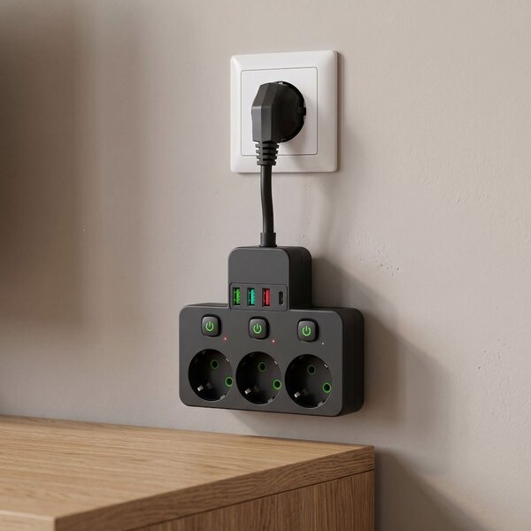 Toolight Toolight, JNH018, zásuvkový rozbočovač 3 zásuvky + 3× USB-A + USB-C s LED svetlom, čierna, OSW-56307