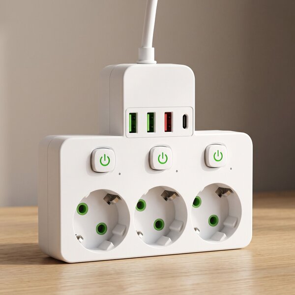 Toolight Toolight, JNH018, zásuvkový rozbočovač 3 zásuvky + 3× USB-A + USB-C s LED svetlom, biela, OSW-56306