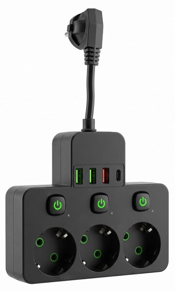 Toolight Toolight, JNH018, zásuvkový rozbočovač 3 zásuvky + 3× USB-A + USB-C s LED svetlom, čierna, OSW-56307
