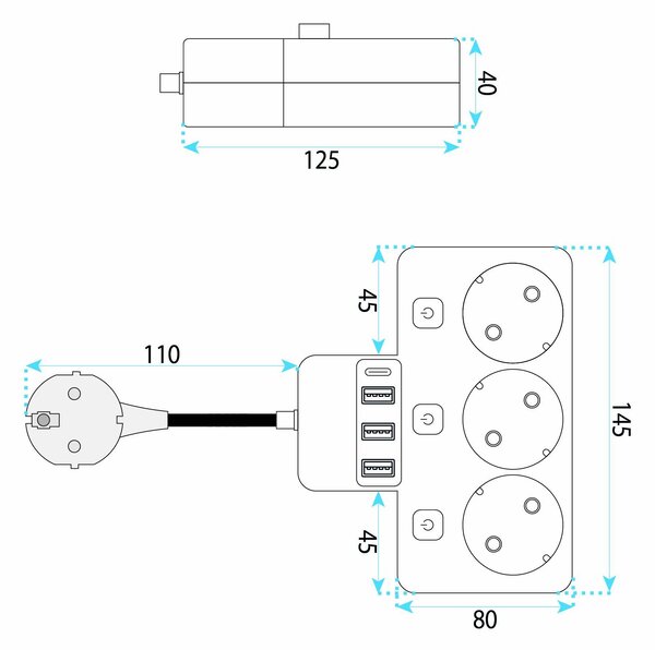 Toolight Toolight, JNH018, zásuvkový rozbočovač 3 zásuvky + 3× USB-A + USB-C s LED svetlom, biela, OSW-56306