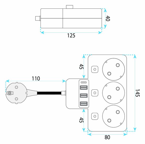 Toolight Toolight, JNH018, zásuvkový rozbočovač 3 zásuvky + 3× USB-A + USB-C s LED svetlom, čierna, OSW-56307