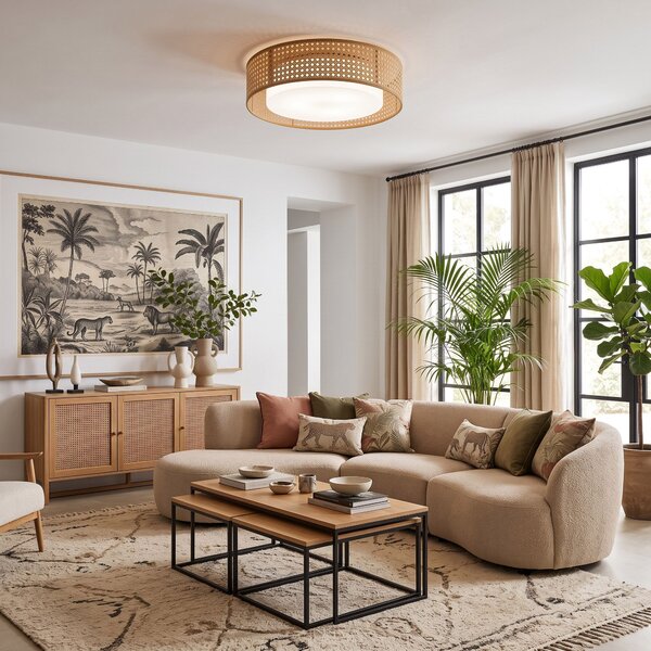 Toolight Toolight, LED stropné svietidlo plafón s ratanovým tienidlom 4000K, APP1934-C, biela-ratan, 50 cm, OSW-66090