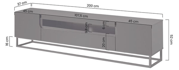 TV stolík Loftia 200 cm na kovovom ráme - čierny / čierny mat