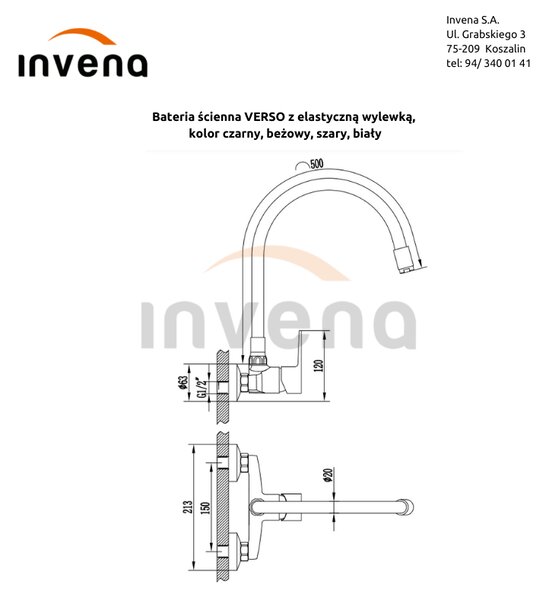 Invena Verso, nástenná kuchynská batéria 150mm s elastickým ramenom, čierna matná-zlatá lesklá, INV-BC-82-E49-L