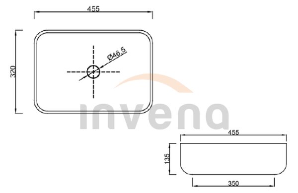 Invena Vitoria, keramické umývadlo na dosku 455x320x135 mm, biela lesklá, INV-CE-48-001-W
