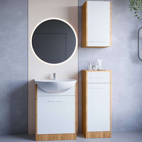 MEBLINE Kúpeľňový nábytok so zrkadlom NEPPA LED dub artisan / biely laminát