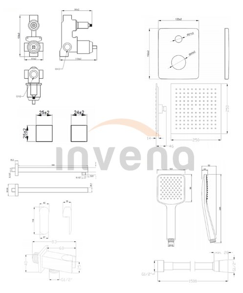 Invena Siros, podomietková sprchová sada s dažďovou hlavovou sprchovou 25x25 cm a ručnou hlavicou, čierna matná, INV-BS-90-011-A