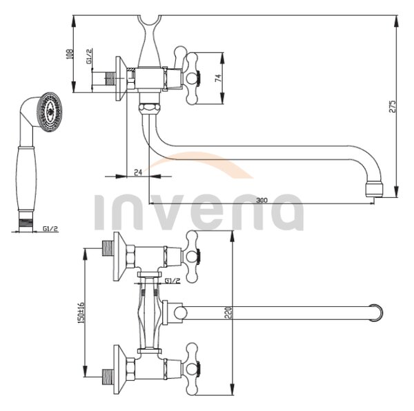 Invena Roma, vaňová batéria s predĺženou výlevkou 300mm a s ručnou sprchovou sadou, chrómová, INV-BW-24-00S-L