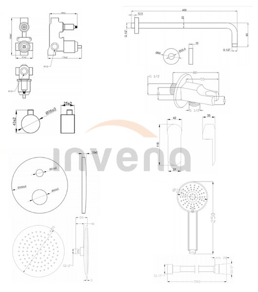 Invena Siros, podomietková sprchová sada s 2-výstupovým telesom, čierna matná, INV-BS-90-013-A