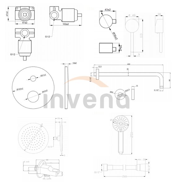 Invena Dafni, podomietková sprchová sada s ručnou a hlavovou sprchou 25cm, čierna matná, INV-BS-88-014-A