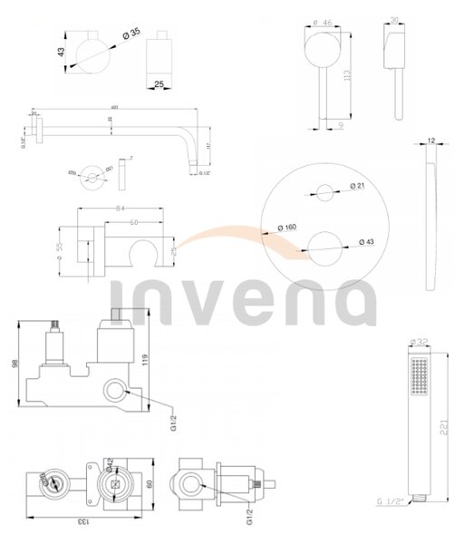 Invena Dafni, podomietková sprchová sada s dažďovou hlavovou sprchou 25cm, chróm lesklý, INV-BS-88-0O2-A