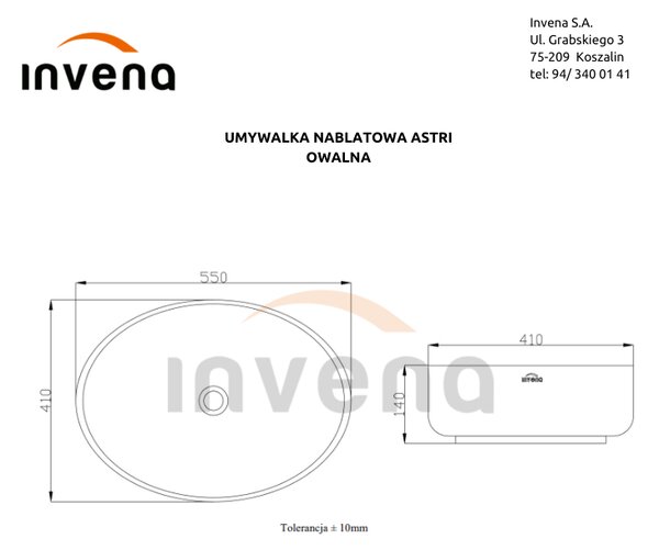 Invena Astri, keramické umývadlo na dosku 55x41x14 cm, biela lesklá, INV-CE-30-001-W