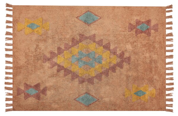 Koberec oranžový bavlnený 140 x 200 cm obdĺžnikový so strapcami geometrický vzor boho orientálny štýl