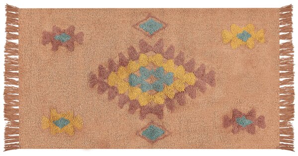 Koberec oranžový bavlnený 80 x 150 cm obdĺžnikový so strapcami geometrický vzor boho orientálny štýl
