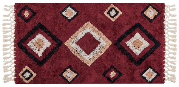 Koberec červený bavlna 80 x 150 cm geometrický vzor so strapcami obdĺžnikový tvar boho orientálny štýl obývačka spálňa