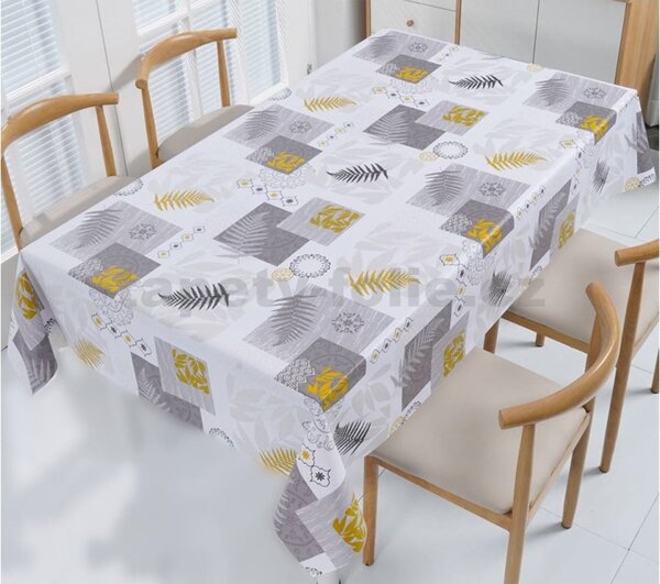 Obrus PVC 3581569, metráž, šířka 140 cm, papradie sivo-žlté s ornamentami, IMPOL TRADE
