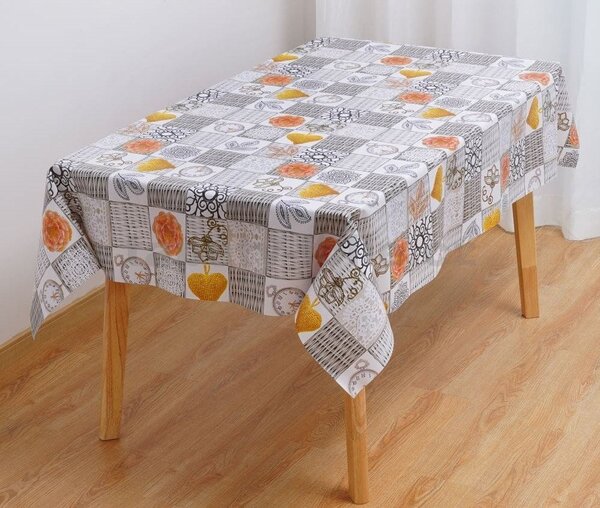 Obrus PVC 3581247, metráž, šířka 140 cm, prútie sivé s kvetmi a srdiečkami, IMPOL TRADE