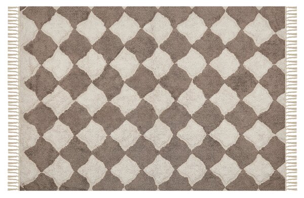 Koberec hnedá béžová bavlna 140 x 200 cm geometrický vzor so strapcami obdĺžnikový tvar boho orientálny štýl obývačka spálňa