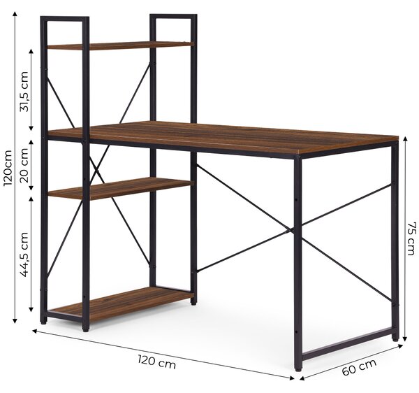 ModernHome Pracovný stôl 120x60 cm s 3 policami hnedý ModernHome