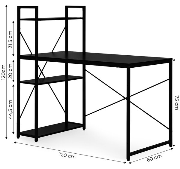 ModernHome Písací stôl 120x60 cm s 3 policami čierny ModernHome