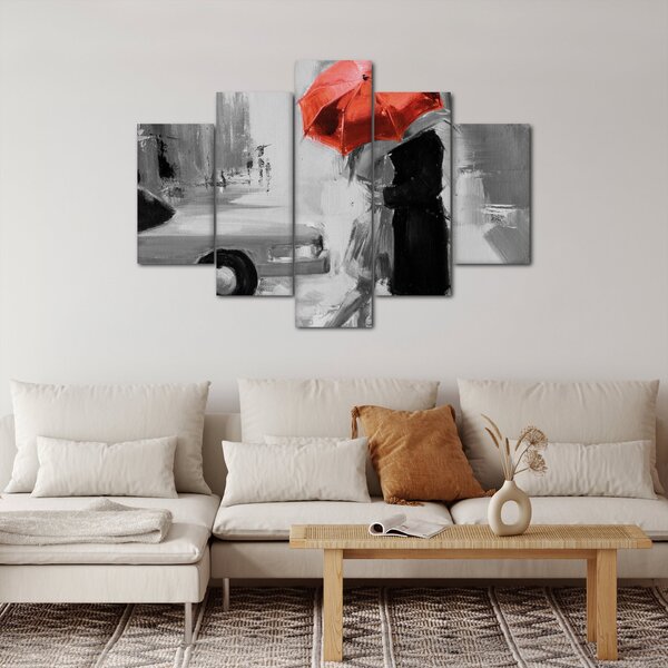 Obraz - Zamilovaný pár pod dáždnikom, červený (150x105 cm)