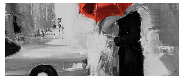 Obraz - Zamilovaný pár pod dáždnikom, červený (120x50 cm)