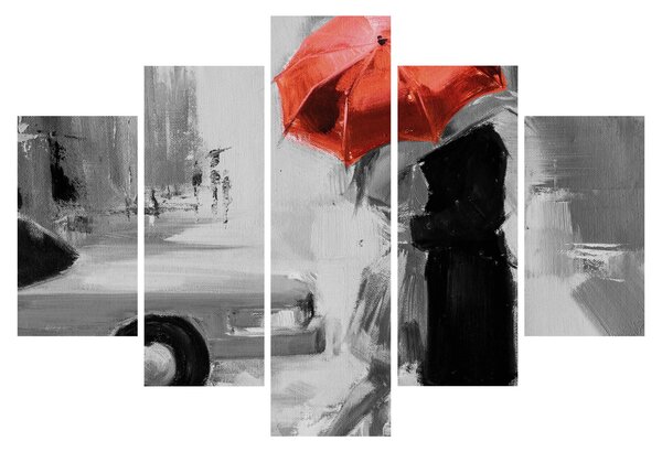 Obraz - Zamilovaný pár pod dáždnikom, červený (150x105 cm)