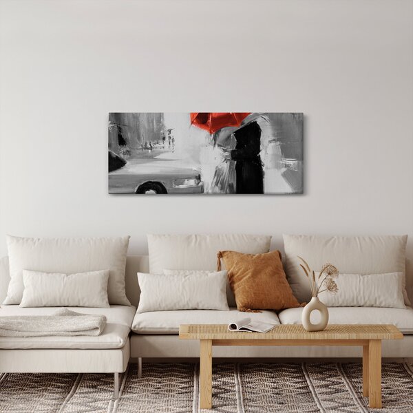 Obraz - Zamilovaný pár pod dáždnikom, červený (120x50 cm)