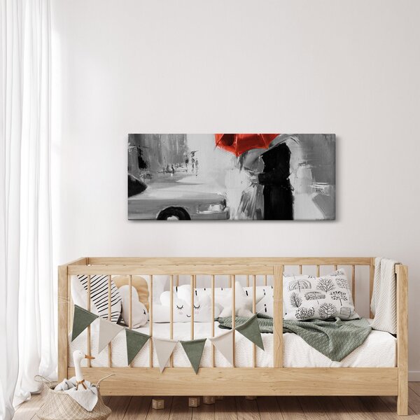 Obraz - Zamilovaný pár pod dáždnikom, červený (120x50 cm)