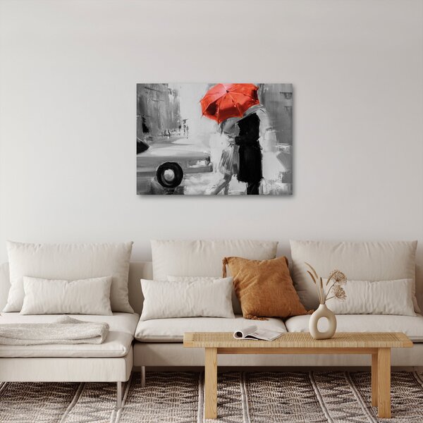 Obraz - Zamilovaný pár pod dáždnikom, červený (70x50 cm)